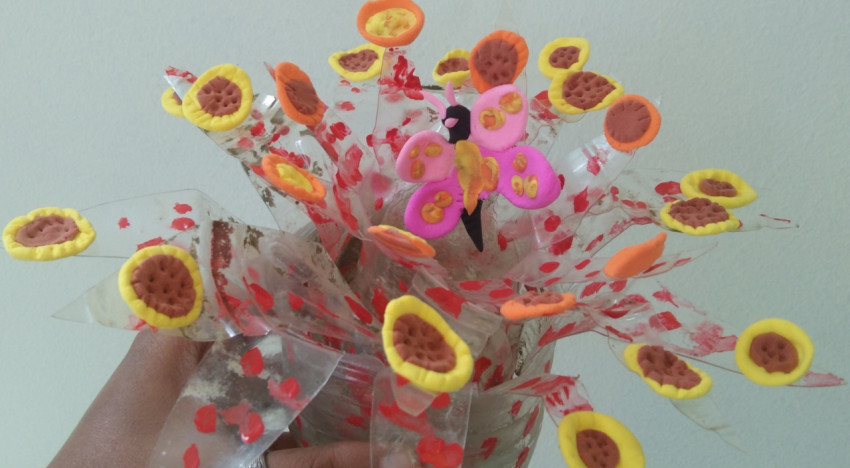 Plastic waste bottle flower bouquet