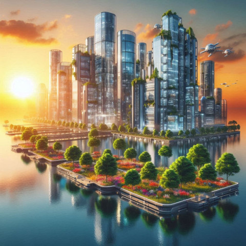 Futuristic Floating City at Sunset