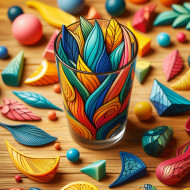 Colorful shapes on glass tumbler.